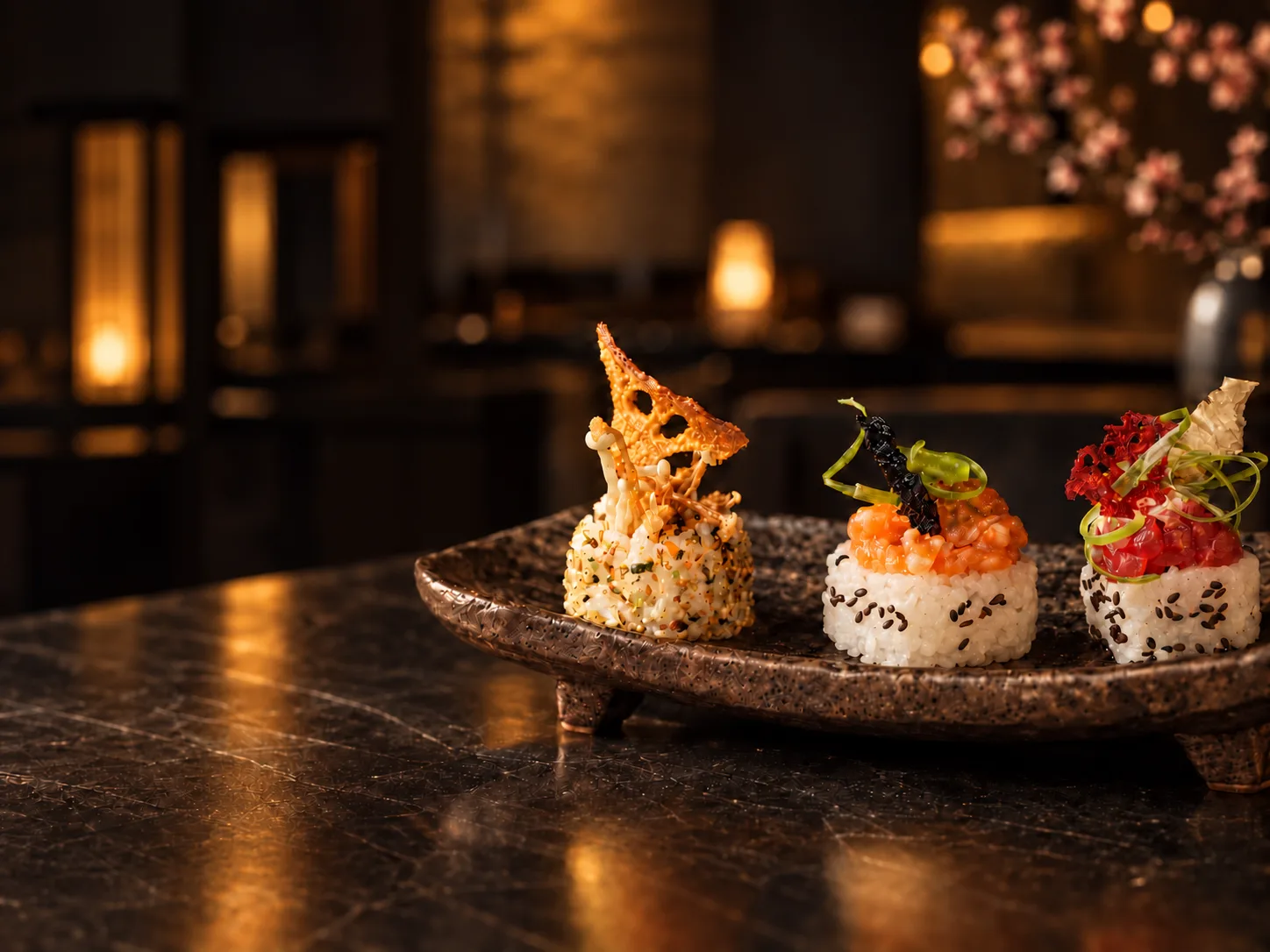 Drie sushi-torentjes op een schaal in het restaurant van CAPO